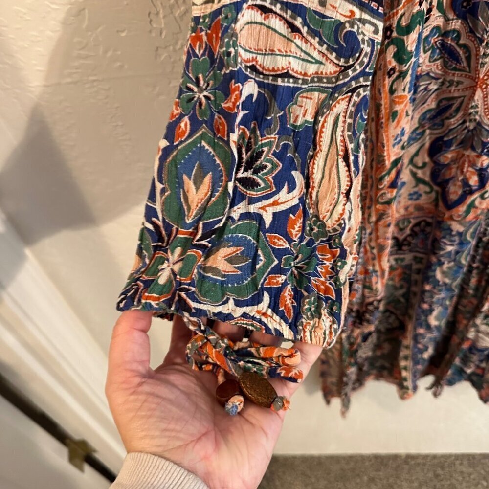 Y Angle Paisley Floral Boho Hippie Split Front Tie Sleeve Maxi Dress - Picture 4 of 11